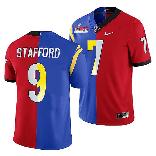 Men's Red/Royal Los Angeles Rams X Georgia Bulldogs #9 Matthew Stafford Split Super Bowl LVI Stitched Jersey